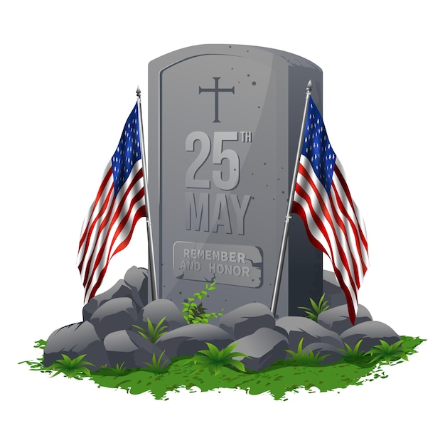 Memorial Day or Veterans day Concept Marble tombstone with two USA flag stone and grass