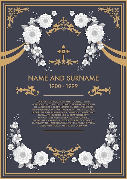 Vector memorial funeral card templates with flowers paper cut