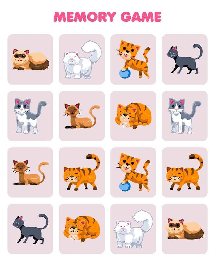 Vector memory game for children find similar pictures of cute cartoon cat printable pet worksheet