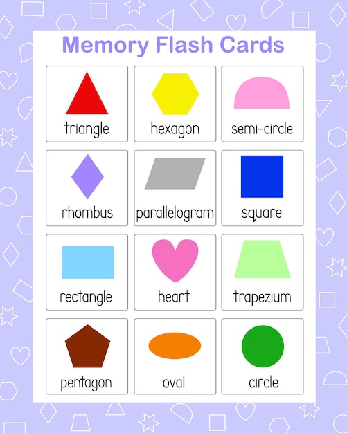 Memory game geometry shapes of different color English vocabulary learning printable flash cards