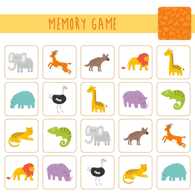 아프리카 동물과 취학 전 어린이 벡터 카드를 위한 메모리 게임