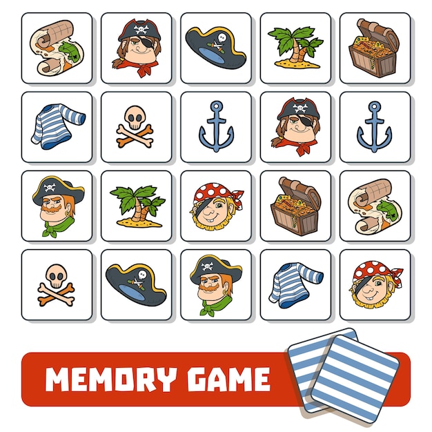 Memory game for preschool children, vector cards with pirate characters and items