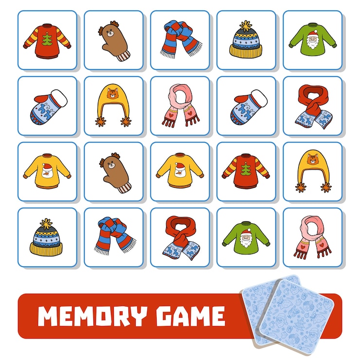 Vector memory game for preschool children, vector cards with winter accessories