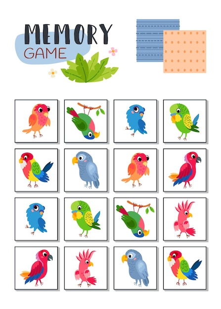 Memory game with cartoon tropical parrots.
