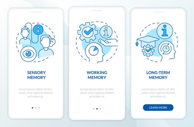 Schermata dell'app mobile onboarding blu di memoria e microlearning