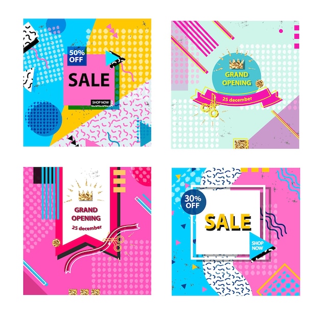 Memphis cards with geometric elements Template Vector