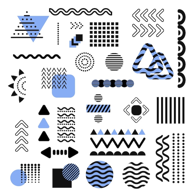 Vector memphis elements collection set geometric shape in retro style