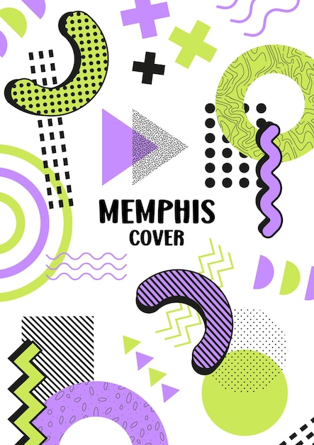 Vettore elementi di memphis. copertina di memphis. manifesto. insieme di elementi per il design. colori verde e viola.