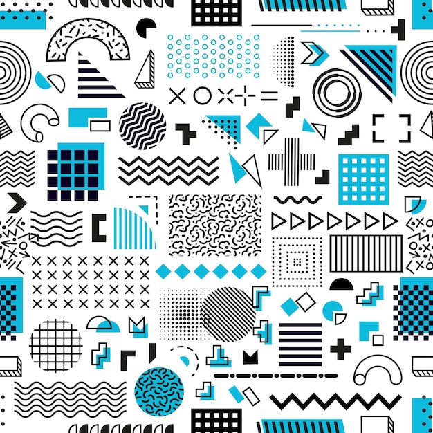 Memphis geometric shapes seamless pattern Wrapping paper print with abstract doodles textile or fabric vector pattern Minimalistic line figures wallpaper seamless background with Memphis shapes