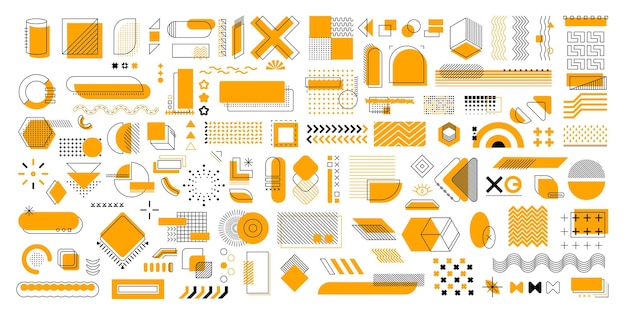 Memphis geometric shapes, vector collection of art and design elements featuring simple, clean lines and patterns. Yellow colored thin line art details representing modern and minimalistic aesthetics