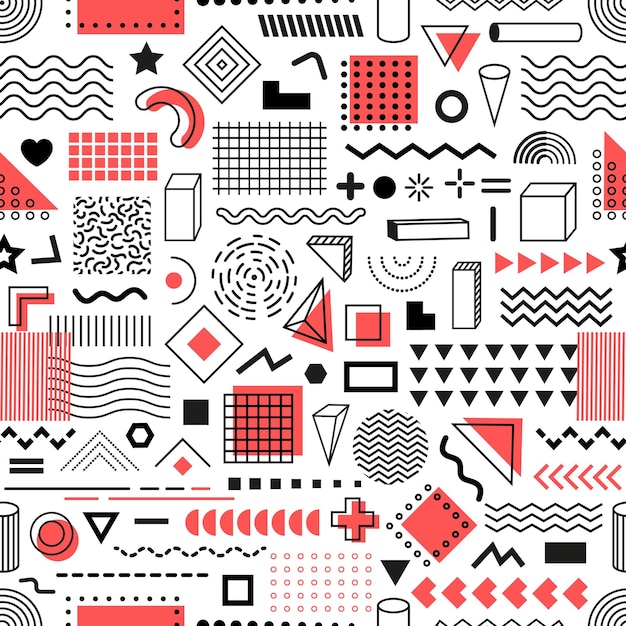 Memphis geometrische lijn kunst vormen naadloze patroon Wallpaper funky patroon stof of textiel print vector naadloze achtergrond of inpakpapier met kleurrijke Memphis geometrische figuren of vormen