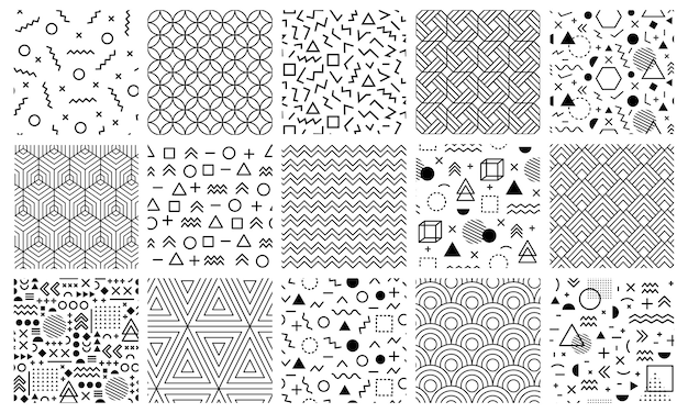 Memphis geometrische patronen. Naadloze abstracte doolhofpatronen, memphis stijlpatroon, geometrische doodle achtergrondillustratiereeks. Geometrische memphis naadloze trendy patroon