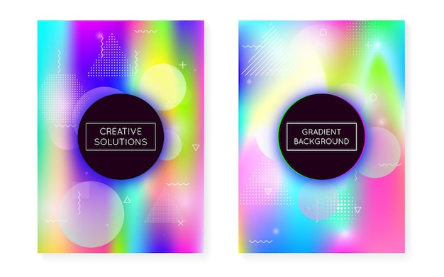 Memphis gradient set with liquid shapes Dynamic holographic fluid with bauhaus background Graphic template for placard presentation banner brochure Fluorescent memphis gradient set