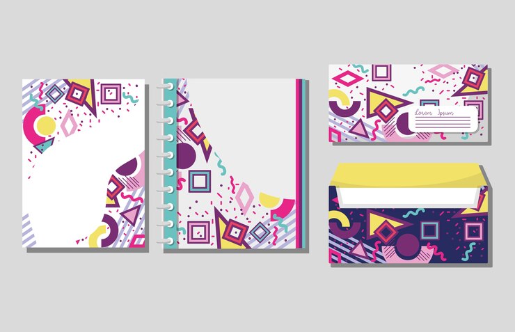 Vector memphis notebooks and envelopes mock up 