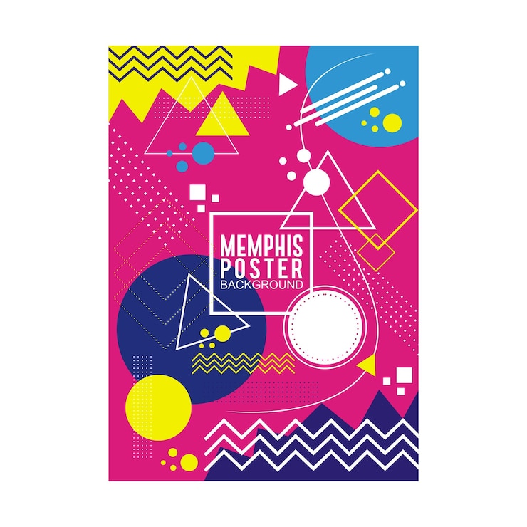 A Memphis Design poster with geometric shapes and bold fonts in pink, blue, green, yellow, and black.