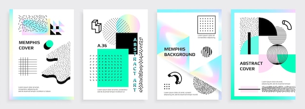 Memphis posters abstracte banners met geometrische symbolen stippen en vierkante en ronde figuren Tekst en kopie ruimte Kleurrijke uitnodigingsborden sjabloon Vector hedendaagse kunst set