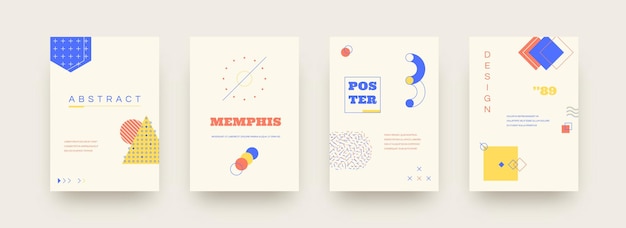 Memphis posters abstracte geometrische vormen minimalistische cirkels driehoeken of vierkanten met druppels en lijnen Grafische flyers voor uitnodigingen web en social media posts Vector banner set