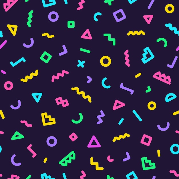 memphis seamless pattern consisting of color shapes on dark background trendy memphis style colorful geometric seamless pattern different shapes color style vector illustration