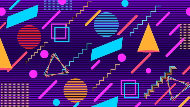 그라데이션 모양 미래파 배경 Retrowave 벡터 일러스트와 함께 멤피스 원활한 패턴