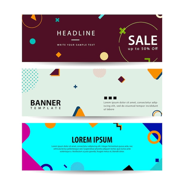 Vector memphis style banner design set of colorful templates with geometric shapes perfect for ad invitation presentation header page cover vector illustration