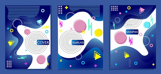 Vector memphis style poster set blue and white abstract background used for book covers web and banners