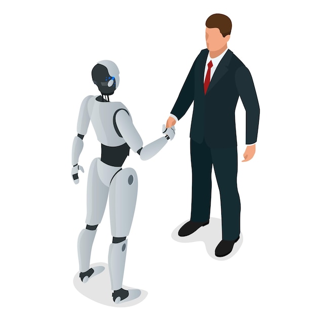 Мужчины и робот приветствуют или подтверждают сделку, рукопожатие. плоская 3d изометрическая векторная иллюстрация. для инфографики и дизайна.