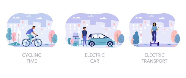 남성과 여성은 공공 공원 도시 개념에서 친환경 도시 교통을 운전합니다. 개인 전기 운송, 녹색 전기 스쿠터, 호버보드, 자이로 스쿠터, 외발 자전거 및 자전거. 생태 차량 세트