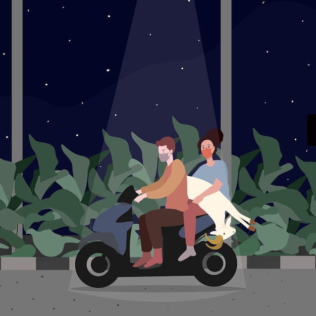 벡터 남성과 여성이 도로에서 오토바이를 타고 밤에 염소를 들고 스포트라이트에서 평평한 만화 스타일의 하늘에 많은 별을 가지고 있습니다.