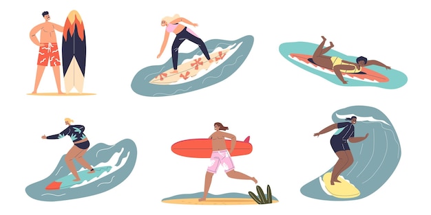 男性と女性のサーフィン 波にサーフボードに乗って漫画のキャラクター サーファーのセット