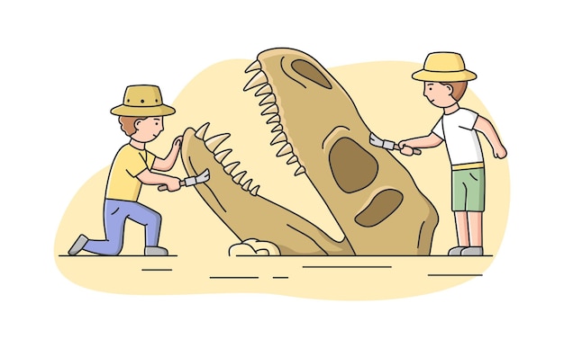 Men archaeologists making excavation of ancient remains of dinosaur in antique ruins