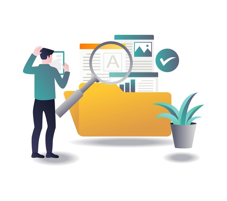 Vector men are confused about choosing and looking for data in folders