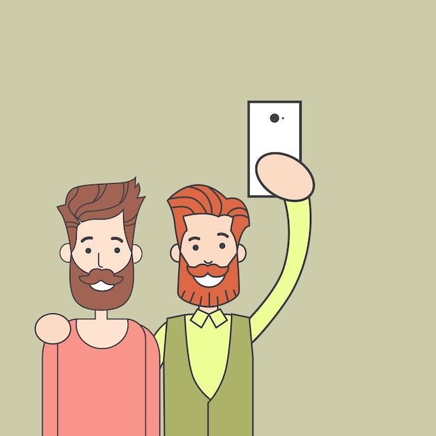 Vector men bearded couple taking selfie photo