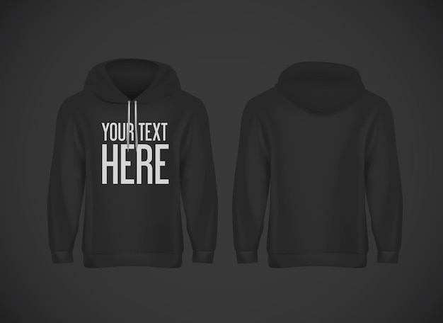 Men black hoddy. Realistic mockup with brand text for advertising. Long sleeve hoody template on background.