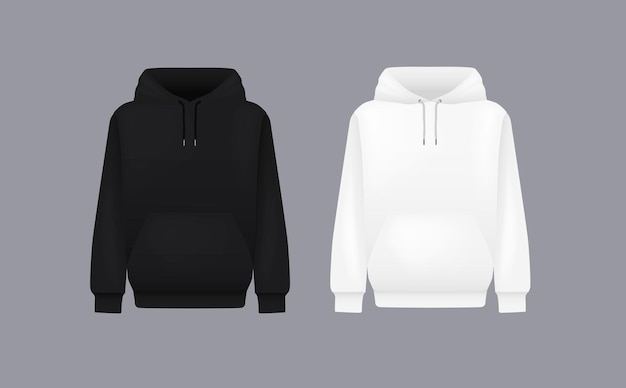 Vector men black and white hoody realistic jumper mockup long sleeve hoody template clothing