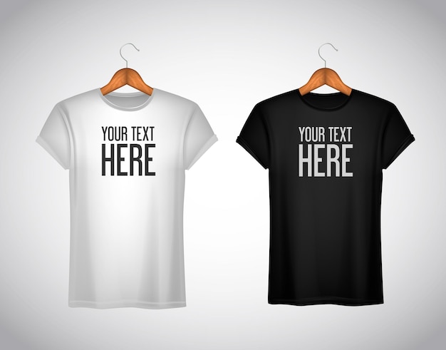 Vector men black and white tshirt realistic mockup whit brand text for advertising short sleeve tshirt template on background