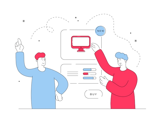 オンラインストアでコンピューターを購入する男性。平らな線図