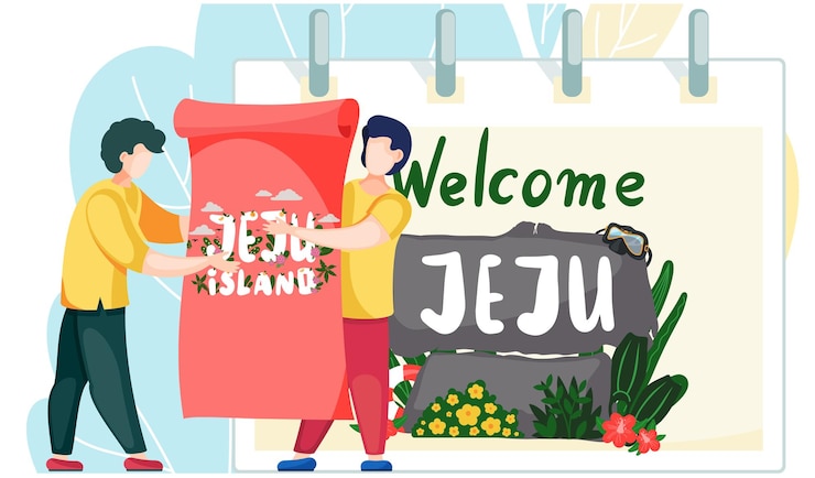 Vector men carry banner with the main attraction of south korean island jeju and the welcome inscription