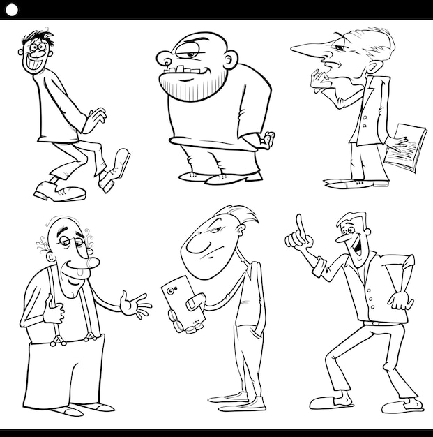 Men characters set cartoon black and white illustration