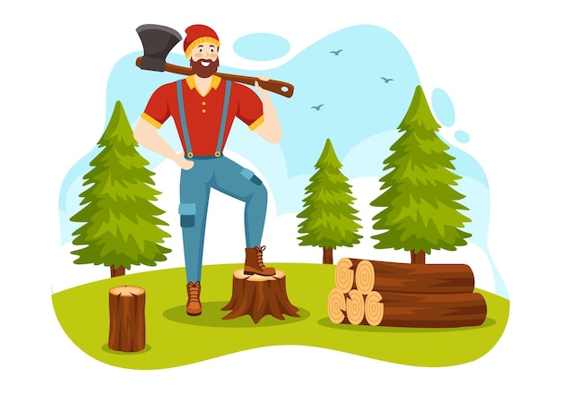 Men Chopping Wood and Cutting Tree Illustration with Lumberjack Work Equipment Machinery or chainsaw