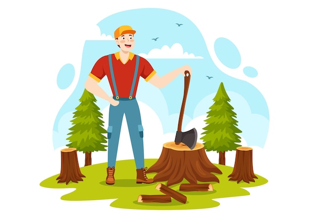 Vector men chopping wood and cutting tree illustration with lumberjack work equipment machinery or chainsaw