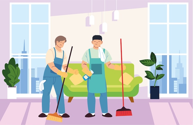 Men in cleaning services at home illustration desing