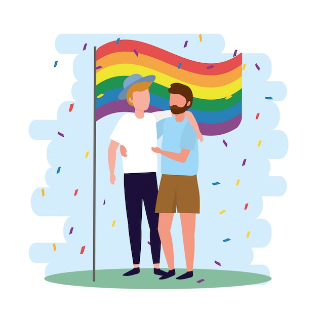 Men couple with rainbow flag to lgbt parade