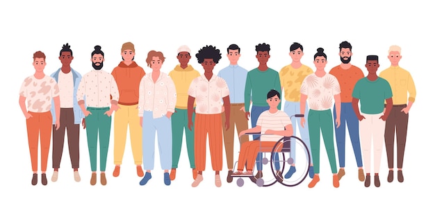 Vettore uomini di diverse razze, corporature, acconciature, disabilità fisiche. diversità sociale delle persone