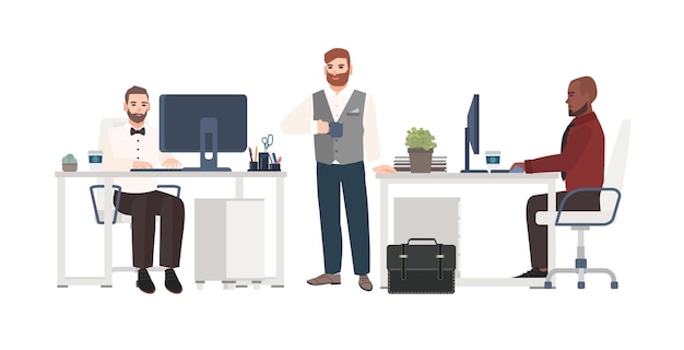 Men dressed in business clothes working at office. Male cartoon characters standing, drinking coffee and sitting at desks with computers