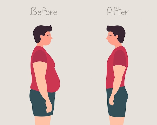 체중 감소 후 한 몸과 체중 감량 전과 후 다이어트 개념