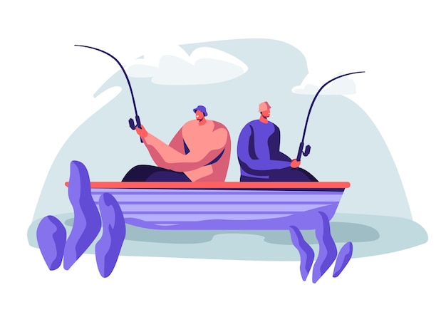 Men fishing in boat on calm lake or river at summer day. concept illustration