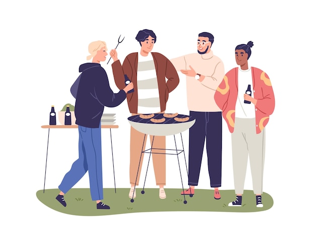 Vector men friends at bbq party outdoors. guys gathering for barbeque on summer holiday. people relaxing, cooking barbecue grill meat together. flat vector illustration isolated on white background