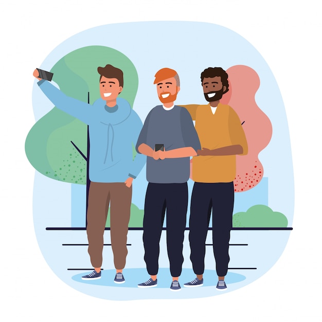 Vector men friends together with smartphone selfie