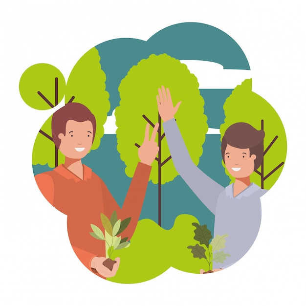 Men gardeners with landscape avatar character