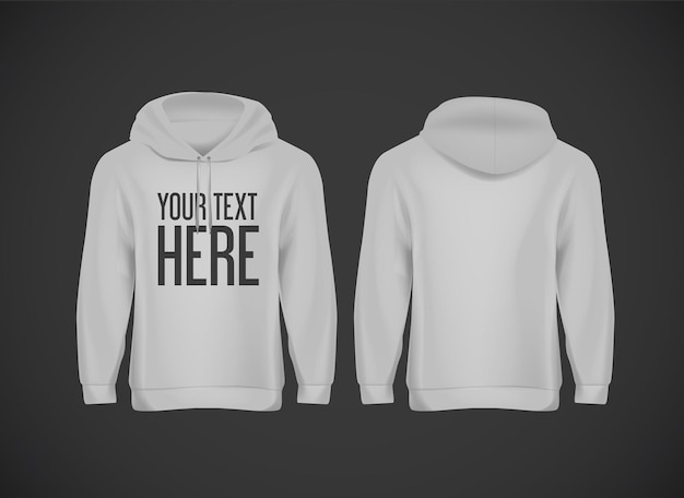 Men gray hoddy. Realistic mockup with brand text for advertising. Long sleeve hoody template on background.